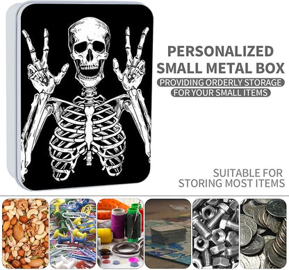 Metal Tin Box Sturdy Metal Storage Box with Lid, Large Container Holder for TCG Cards,Car Keys,Cookies,Tin Containers for Gift,5.0x3.7x1.6 Inch,Exquisite Pattern Design(Funny Skull)