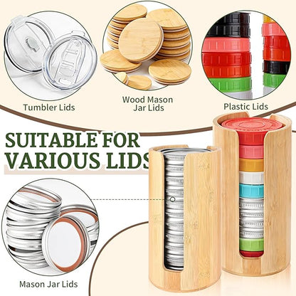 2 Pack Mason Jar Lid Organizer, Bamboo Lid Holder for Wide & Regular Mouth Canning Lids & Rings, Compact Space-Saving Rack for Kitchen Countertop & Cabinet, Holds 10–12 Lids