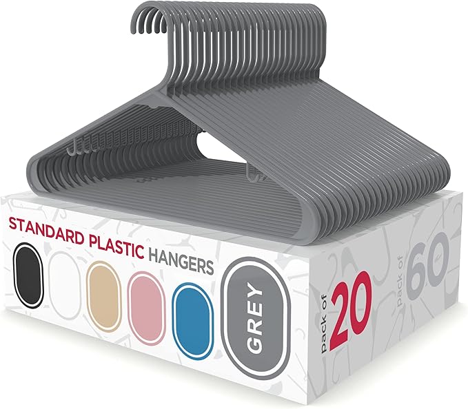 Sharpty Plastic Hangers Clothes Hangers for Clothing, Closet, Coats & Shirts - Durable, Thick, Tough & Space Saving - for Everyday Standard Use, Room Essentials & Basics - 20 Pack - Grey