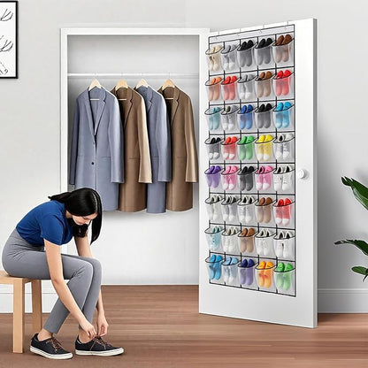 40 Large Mesh Pocket Over the Door Shoe Organizer,Hanging Shoe Rack for Door,Hualleko Shoes Organizer Hanger with Large Capacity, Shoes Storage Holder Sturdy Non-woven Fabric - Stores 20 Pairs (White)