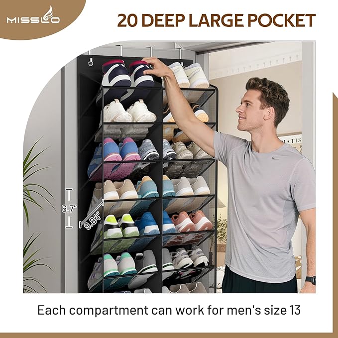 MISSLO 30 Pairs Over the Door Shoe Organizer Breathable Mesh Hanging Shoe Rack for Closet Storage with Wide Deep Pockets 10 Tier Shoes Holder Fit All the Family's Sneakers, Boots, Heels (Black, 71")