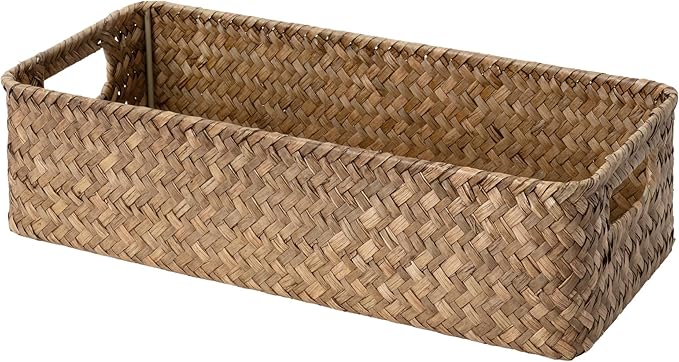 StorageWorks Wicker Toilet Paper Basket for Back of Toilet Baskets, Seagrass Bathroom Basket Organizer and Storage for Tank Topper, Small Tank Trays for Decor with Built-in Handles, Brown