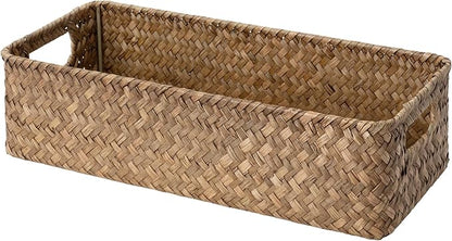 StorageWorks Wicker Toilet Paper Basket for Back of Toilet Baskets, Seagrass Bathroom Basket Organizer and Storage for Tank Topper, Small Tank Trays for Decor with Built-in Handles, Brown