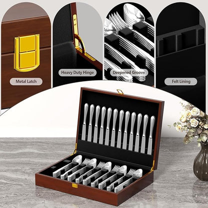 Solid Walnut Silverware Storage Box,Silverware Chest Case with Black Felt Lined,Wood Flatware Storage Box for 12 sets of Utensils,Silverware Chest without Silverware,Silverware Organizer with Lid