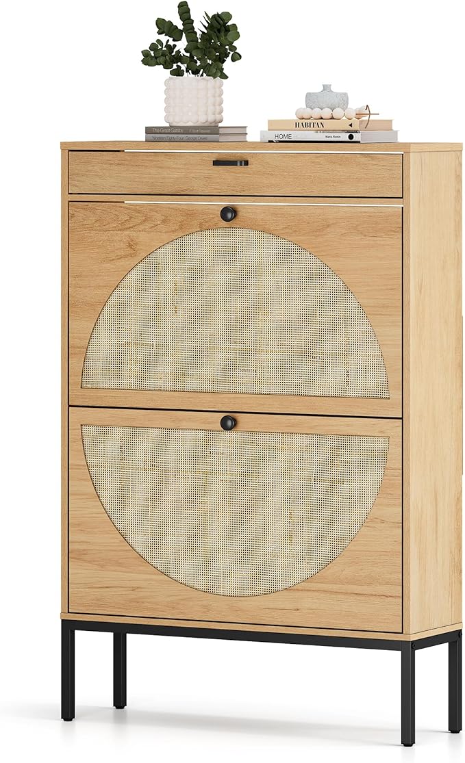 XIAO WEI Shoe Cabinet, Natural Semi Circle Rattan Shoe Storage Organizer Cabinet with 2 Flip Drawers, Freestanding Shoe Rack with Adjustable Shelf for Entryway (Large Size)