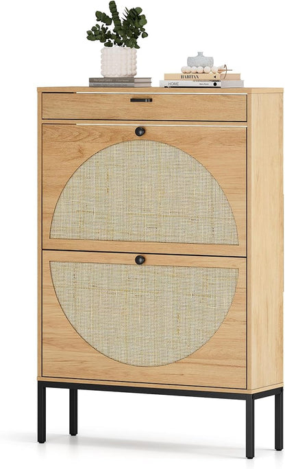 XIAO WEI Shoe Cabinet, Natural Semi Circle Rattan Shoe Storage Organizer Cabinet with 2 Flip Drawers, Freestanding Shoe Rack with Adjustable Shelf for Entryway (Large Size)