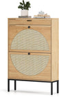 XIAO WEI Shoe Cabinet, Natural Semi Circle Rattan Shoe Storage Organizer Cabinet with 2 Flip Drawers, Freestanding Shoe Rack with Adjustable Shelf for Entryway (Large Size)