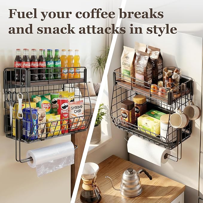 Magnetic Spice Rack for Refrigerator with Paper Towel Holder, Fruit Basket with 2 Hooks for Kitchen Storage and Organizer, Full‑Enclosed Magnetic Shelf 33 lbs for Laundry, Pantry, Coffee Bar and RV