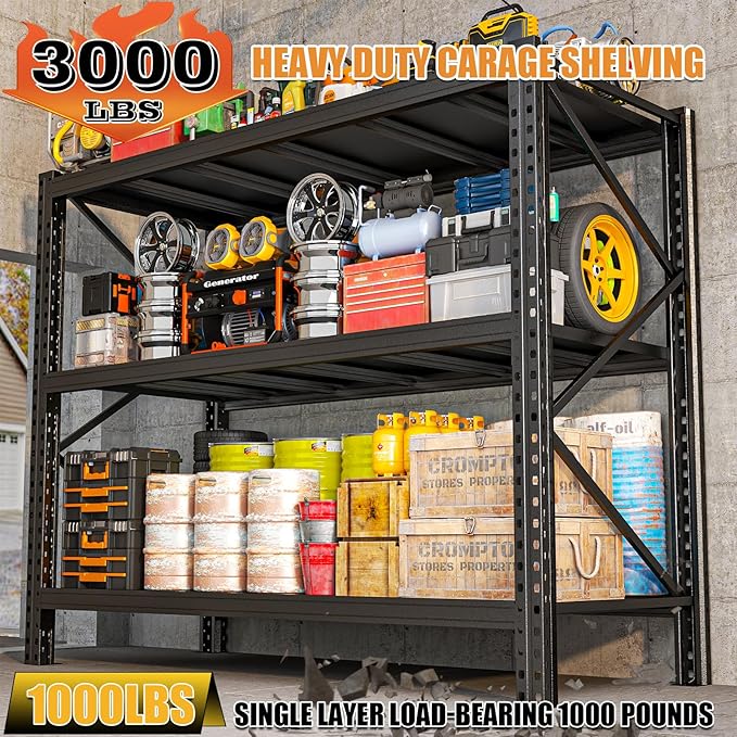 Heavy Duty Metal Garage Shelving Unit, 3-Tier Adjustable Storage Shelves, 3000LBS for Garage & Basement, Kitchen and Pantry Industrial Steel Rack, Ideal for Tool Organization & Storage, Black, 67"W