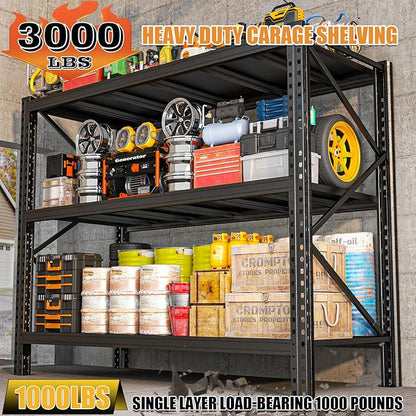 Heavy Duty Metal Garage Shelving Unit, 3-Tier Adjustable Storage Shelves, 3000LBS for Garage & Basement, Kitchen and Pantry Industrial Steel Rack, Ideal for Tool Organization & Storage, Black, 51"W