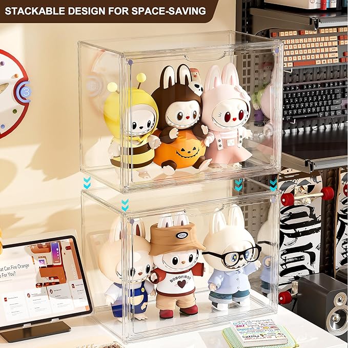 Acrylic Clear Display Case, Stackable Plastic Storage Bins with Shelf, Figure Figurine Hobby Display Case with Magnetic Lid, Large Acrylic Display Box for Collectibles, Figures, 2 Pack