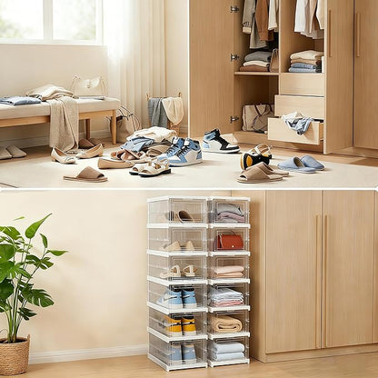 ZLLZUU Upgrade Clear Foldable Shoe Storage Organizer, No Assembly 6 Tiers Shoe Box with Fully Clear Door, Plastic Stackable Shoe Rack for Sneakers, Sturdy Shoe Storage Containers Bins