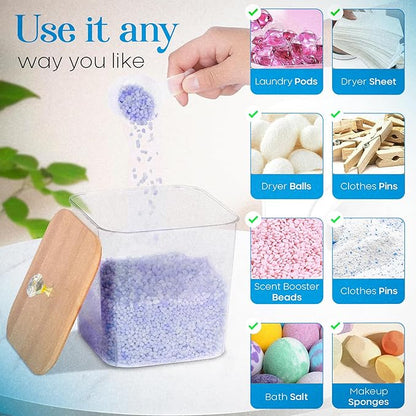 Laundry Detergent Container Set (4 Jars) with Bamboo Lids | Storage Jars Organizers for Pods, Powder, Beads & Liquid Soap Includes 2 Wool Dryer Balls | Laundry Room Organization Essentials