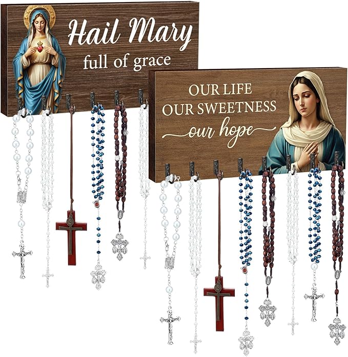 Chunful 2 Pack Rosary Holder Wall Mounted with 16 Hooks Wooden Rosary Hanger Religious Jewelry Hanger Organizer Decorative Jewelry Shelf Catholic Wall Decor for Necklace Bracelet Godparent Gift
