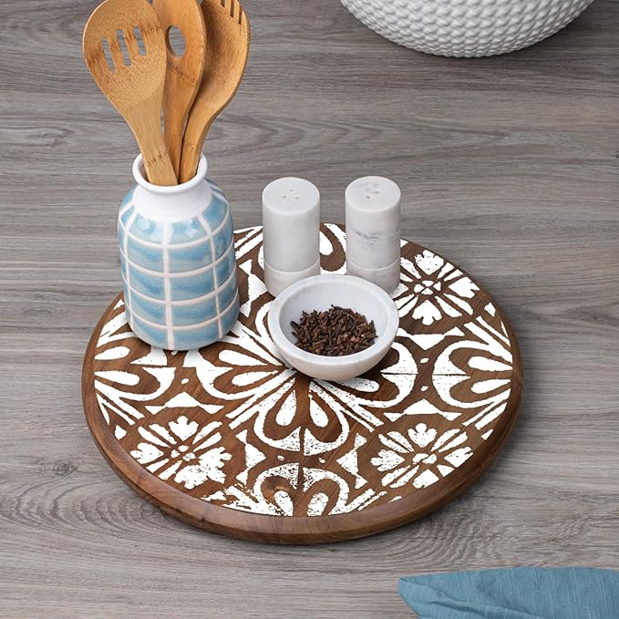 CounterArt Decorative Round Natural Wood Lazy Susan Turntable 14" Diameter Condiment Caddy, Cheese Server, Cake Plate, Spice Organization (White Tile Medallion)