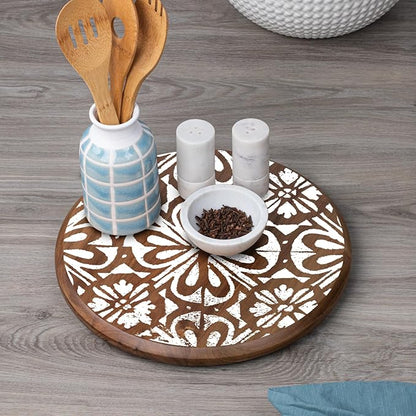 CounterArt Decorative Round Natural Wood Lazy Susan Turntable 14" Diameter Condiment Caddy, Cheese Server, Cake Plate, Spice Organization (White Tile Medallion)