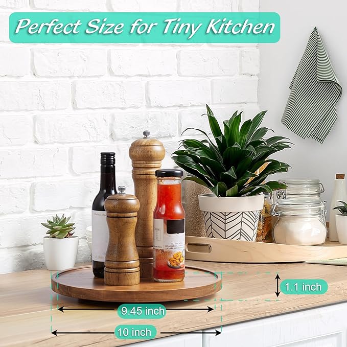2 Pack 10" Acacia Wood Lazy Susan Turntable Organizer for Cabinet, Round Serving Tray Decorative Tray Vintage Centerpiece Candle Holder Tray, Farmhouse Tray for Kitchen Countertop Coffee Table Decor