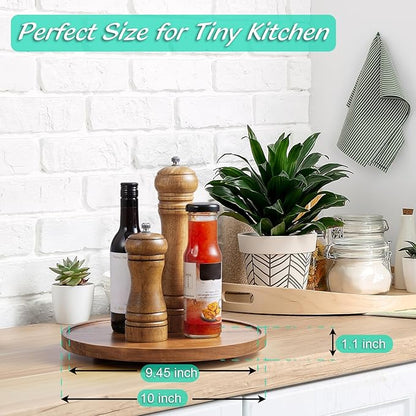 2 Pack 10" Acacia Wood Lazy Susan Turntable Organizer for Cabinet, Round Serving Tray Decorative Tray Vintage Centerpiece Candle Holder Tray, Farmhouse Tray for Kitchen Countertop Coffee Table Decor