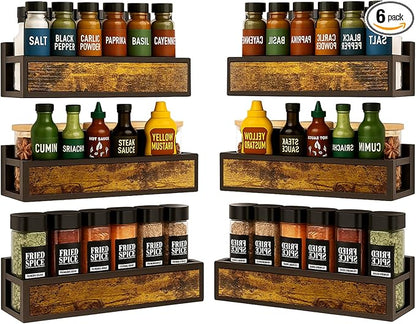 Spice Rack Wall Mount for Large Spice Jars, 6 Pack Ironwood Spice Organizer shelf for Rustic, Industrial and Modern Kitchens,Quick Adhesive Strips and Screws for Mounting (Engineered Wood)
