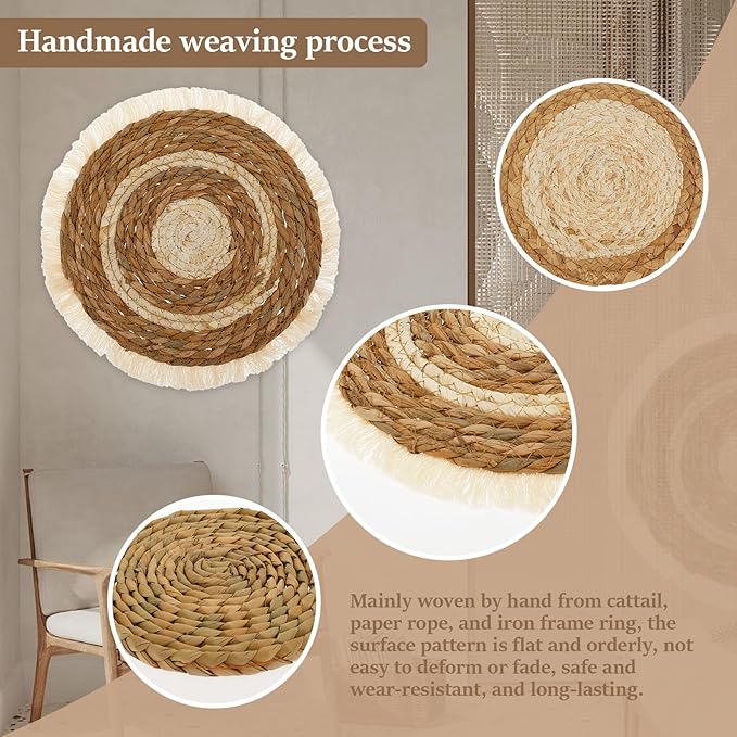 7 Pcs Boho Wall Basket Decor, Rattan Wicker Boho Wall Decor, Hanging Woven Basket Wall Decor, Round Handmade Wall Art for Living Room Bedroom Display Table Settings Home Christmas Decoration (Black)