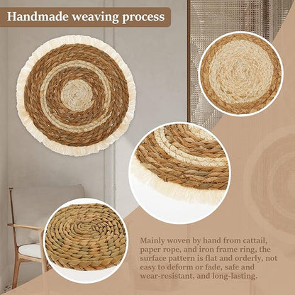 7 Pcs Boho Wall Basket Decor, Rattan Wicker Boho Wall Decor, Hanging Woven Basket Wall Decor, Round Handmade Wall Art for Living Room Bedroom Display Table Settings Home Christmas Decoration (Black)