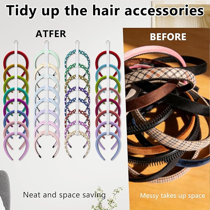 FMOACEN 4 Pcs Headband Holder Organizer, White Hanging Wall Mounted Hairband Accessories, Hair Hoop Storage Display with 32 Total Rings for Women Girls, Bedroom Dorm Closet Decor