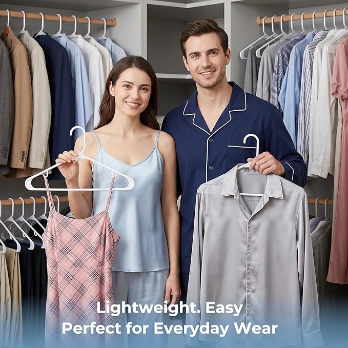 HOUSE DAY White Plastic Hangers 10 Pack, Plastic Clothes Hangers with Built-in Hooks, Durable and Strong Coat Hanger for Closet, Space Saving Clothing Hanger for Shirts, Coats, Skirt, Dress