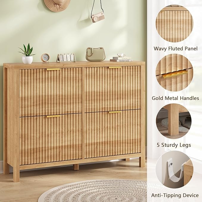 YOMILUVE Shoe Cabinet Storage for Entryway, Fluted Shoe Cabinet with 4 Flip Drawers, Hidden Shoe Rack Freestanding Wooden Shoe Organizer with Legs for Hallway, Oak