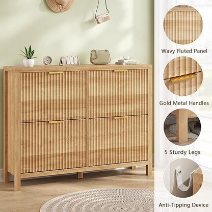YOMILUVE Shoe Cabinet Storage for Entryway, Fluted Shoe Cabinet with 4 Flip Drawers, Hidden Shoe Rack Freestanding Wooden Shoe Organizer with Legs for Hallway, Oak