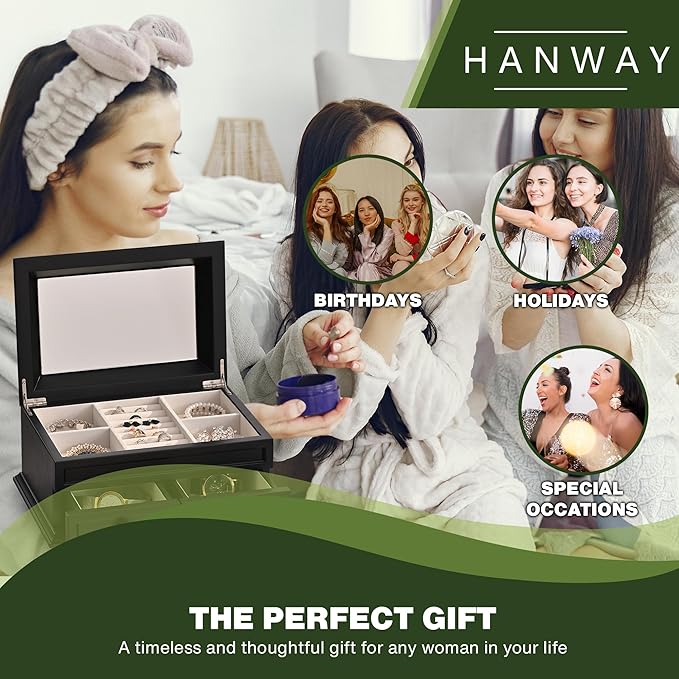 Hanway 2 Layers Wooden Jewelry Box Organizer for Women, with 7 compartments, featuring interior mirror & tray for watch, necklaces, earrings, bracelets, and rings (Black)
