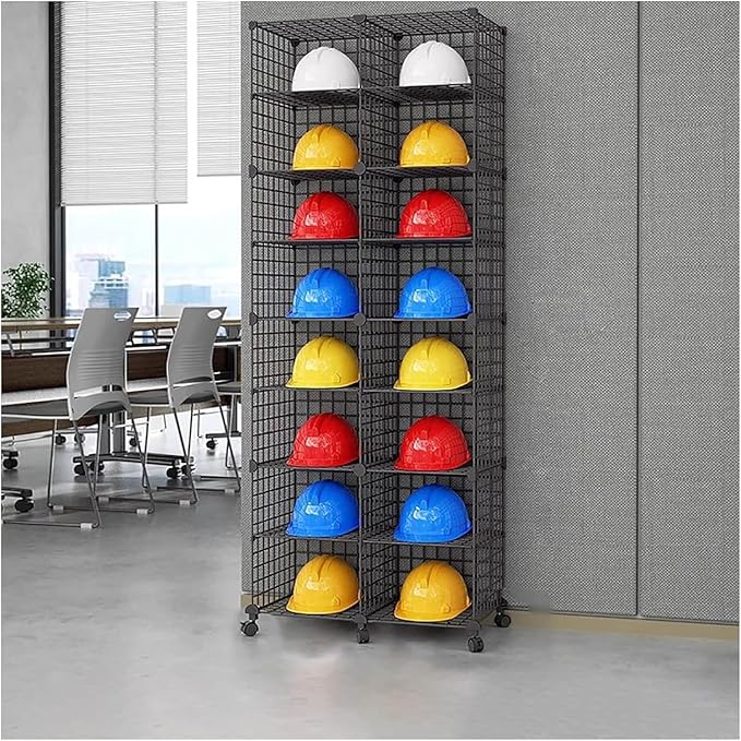 Stackable Safety Helmet Storage Boxes, Large Adjustable Hard Hat Placement Organizer Rack with Wheels for Construction Site/Garage/Workshop/Factory Helmet Display Shelf (2 * 8)