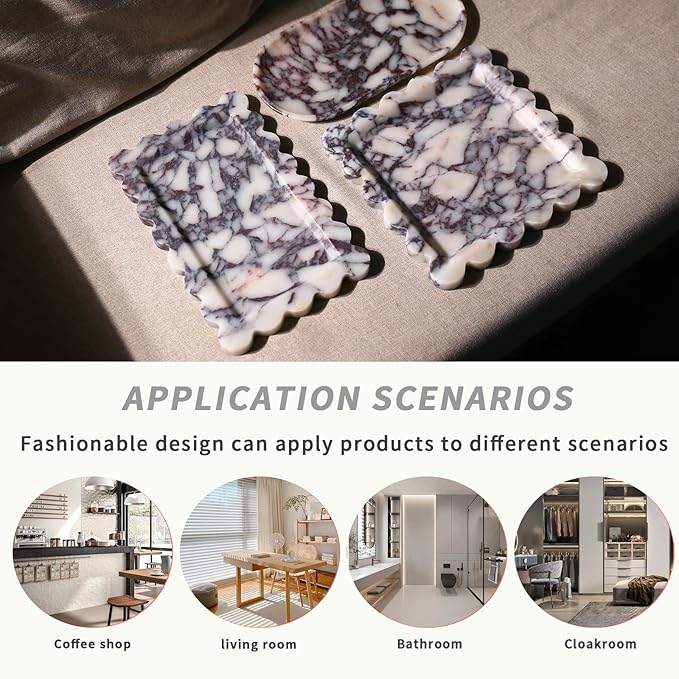 Natural 100% Marble Vanity Tray Luxury Scalloped Marble Storage Square Rectangle Tray for Home Decor Stone Tray for Bathroom Kitchen Candle Key (Square-9.8 * 9.8-Calacatta Viola)