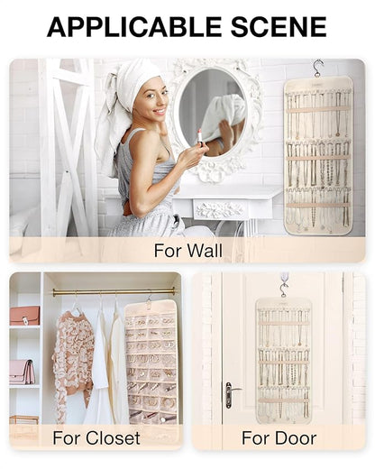 BAGSMART Hanging Jewelry Organizer Storage Roll with Hanger Metal Hooks Double-Sided Jewelry Holder for Earrings, Necklaces, Rings on Closet, Wall, Door, 1 piece, Large, Beige