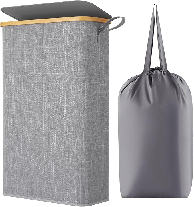 Lifewit 65L Slim Laundry Hamper with Lid, Narrow Laundry Basket with Removable Bag & Bamboo Handles, Fodable Thin Dirty Clothes Hamper for Laundry Collapsible Bin for Bathroom Bedroom Dorm, Gray