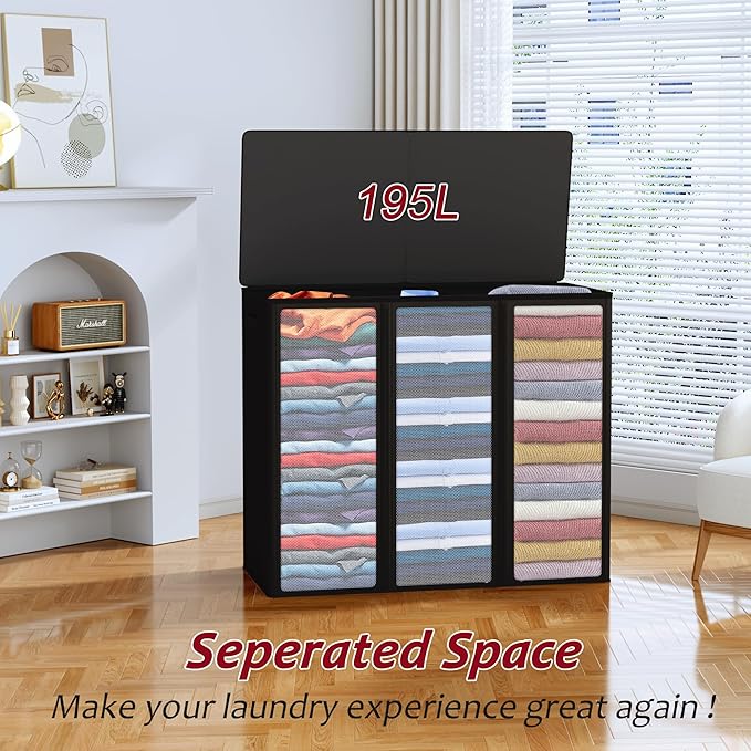 195L Laundry Hamper 3 Section,Large Laundry Hamper with Lid,Dirty Clothes Hamper with 3 Inner Bags,Collapsible Laundry Basket Organizer for Laundry Room,Bedroom,Laundry Sorter Hamper 3 Compartment