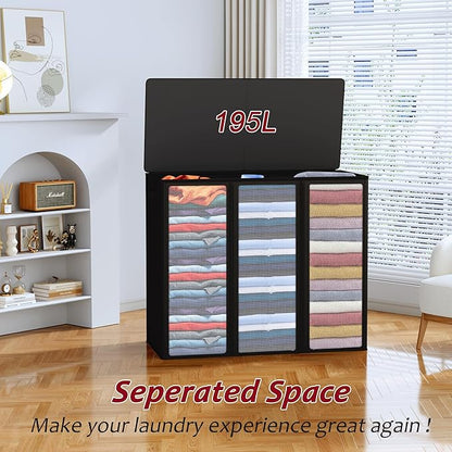 195L Laundry Hamper 3 Section,Large Laundry Hamper with Lid,Dirty Clothes Hamper with 3 Inner Bags,Collapsible Laundry Basket Organizer for Laundry Room,Bedroom,Laundry Sorter Hamper 3 Compartment