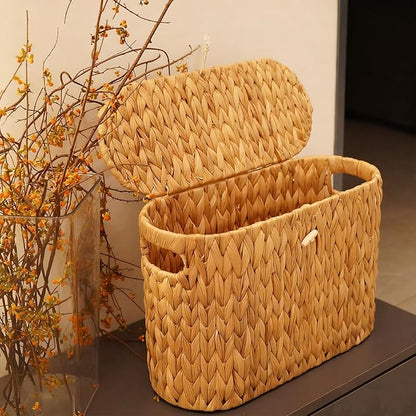 PINXIURY Water Hyacinth Toilet Paper Storage Basket, Bathroom Toilet Organizer with Lid, Woven Toilet Paper Holder for 6 Mega Rolls Bathroom Storage, Magazine Holder for Office, Bedroom