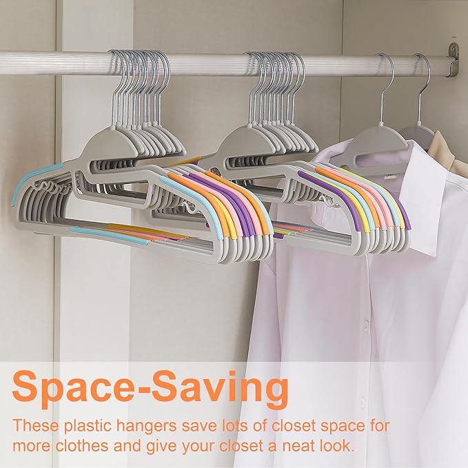 VECELO 50 Pack Coat Hangers, Premium Quality Plastic Suit Clothes Hanger, Non-Slip, Heavy-Duty, S-Shaped Opening, 360º Swivel Hook, Space-Saving for Bedroom Closet