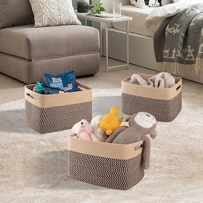 4 Pack Storage Baskets for Organizing, Woven Baskets for Shelves - Perfect for Toys, Books, Towels, and Clothes, Durable Gift Basket Bins Toy Storage, 12.7''L x9''W x7.8''H, Black and Brown