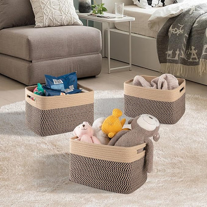 4 Pack Storage Baskets for Organizing, Woven Baskets for Shelves - Perfect for Toys, Books, Towels, and Clothes, Durable Gift Basket Bins Toy Storage, 12.7''L x9''W x7.8''H, Black and Brown