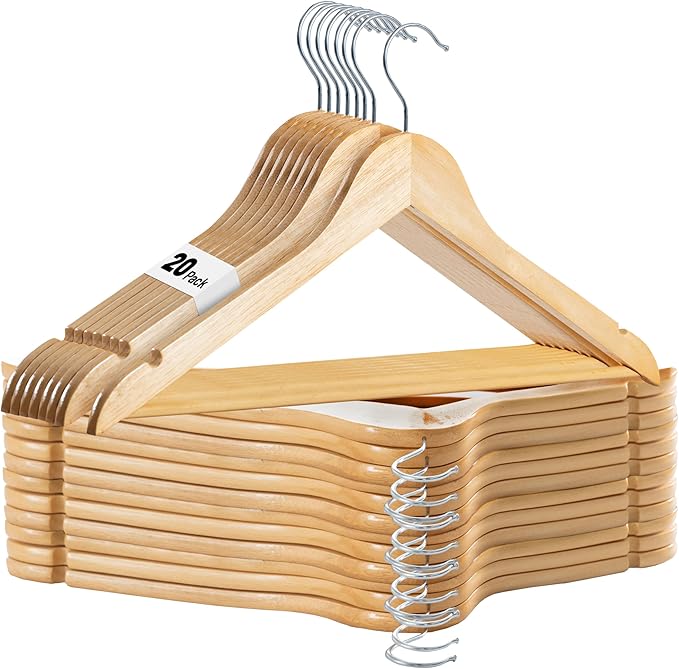 LUX Decor 20 Pack Wooden Non-Slip Coat & Suit Hangers with 360 Swivel Hook, Smooth Finish, Heavy Duty Natural Color Clothes Hangers for Jacket, Shirt, Pants
