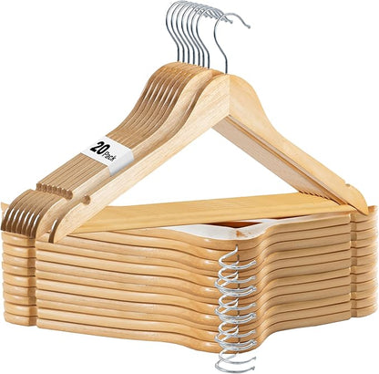 LUX Decor 20 Pack Wooden Non-Slip Coat & Suit Hangers with 360 Swivel Hook, Smooth Finish, Heavy Duty Natural Color Clothes Hangers for Jacket, Shirt, Pants
