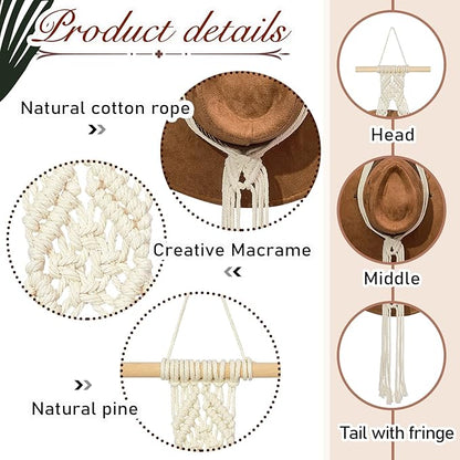 Yulejo Macrame Hat Hangers Boho Hat Rack Cowboy Hat Hanger Back of Door Hat Organizer (White,One Hat Style)