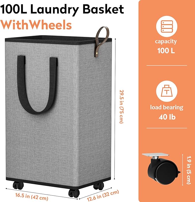 SpaceTrove Laundry Basket with Wheels, Collapsible Laundry Baskets, Laundry Hamper with Handles Detachable Wheels, Rolling Laundry Basket, Dirty Clothes Hamper for Bathroom, Dorm, Bedroom, Grey, 100L