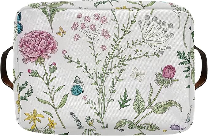 Kigai Herb and Wild Flowers Storage Basket Collapsible Rectangle Storage Bin Shelves Basket Organizer with Leather Handle for Closet, Office, Nursery, Home Decor