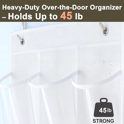 Over the Door Shoe Organizer with 24 Crystal Clear Pockets and Metal Hooks – Heavy Duty Hanging Shoe Storage Rack for Closet, Bathroom, Dorm – Space Saving for Shoes, Accessories, Toys (White)