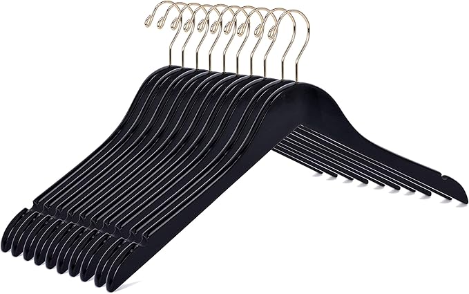 Quality Semi Curved Black Wooden Suit Hangers, 80-Pack Smooth Finish Solid Wood Coat Hanger with Swivel Hook, Jacket, Pant, Dress Clothes Hangers (Black - Gold Hook, 80)