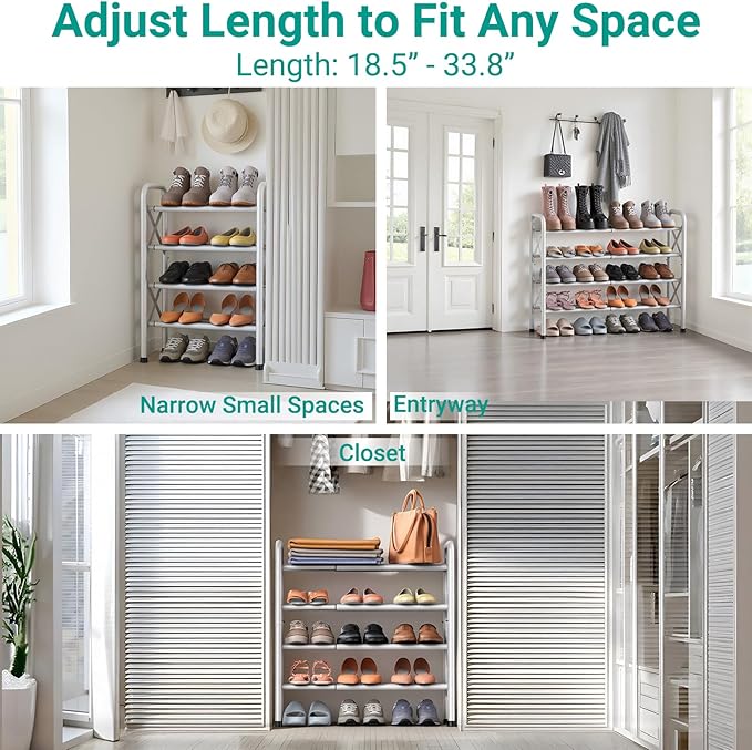 YEASHEIN 4-Tier Expandable Shoe Rack for Closet Floor, X-Frame Metal Small Shoe Rack for Entryway, Adjustable Shoe Shelf Organizer, Free Standing Shoe Racks for Front Door Entrance, Garage - White
