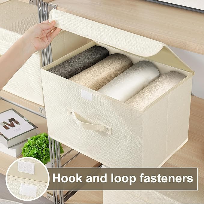 Fabric Storage Bins Cube Organizers with Flip-Top Lid and Handles,Storage Boxes for Organizing Home,Office,and Closet,Beige,3 Pack 10.2 X 7.9 X 6.7 in