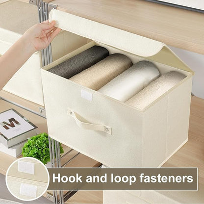 Fabric Storage Bins Cube Organizers with Flip-Top Lid and Handles, Storage Boxes for Organizing Home, Office, and Closet, Beige, 5 Pack 10.2 X 7.9 X 6.7 in